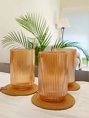 Vaso de vidrio labrado Rayas Ambar por 6 unidades